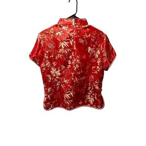 Vintage Mimi Red And Black Chinease Kimono Top Blouse Asian Tropical Flower XXXL